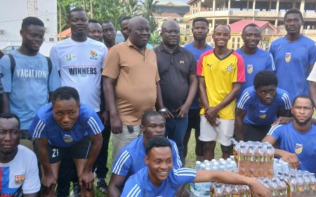 Hon. John Justice Abban Supports Tarkwa Barcelona FC with Cash and Refreshments Ahead of Super Middle League Semi-Final